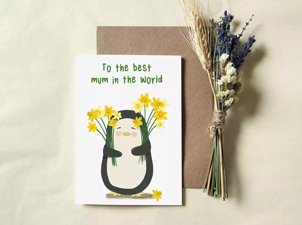 penguin holding daffodils and text 'to the best mum in the world'