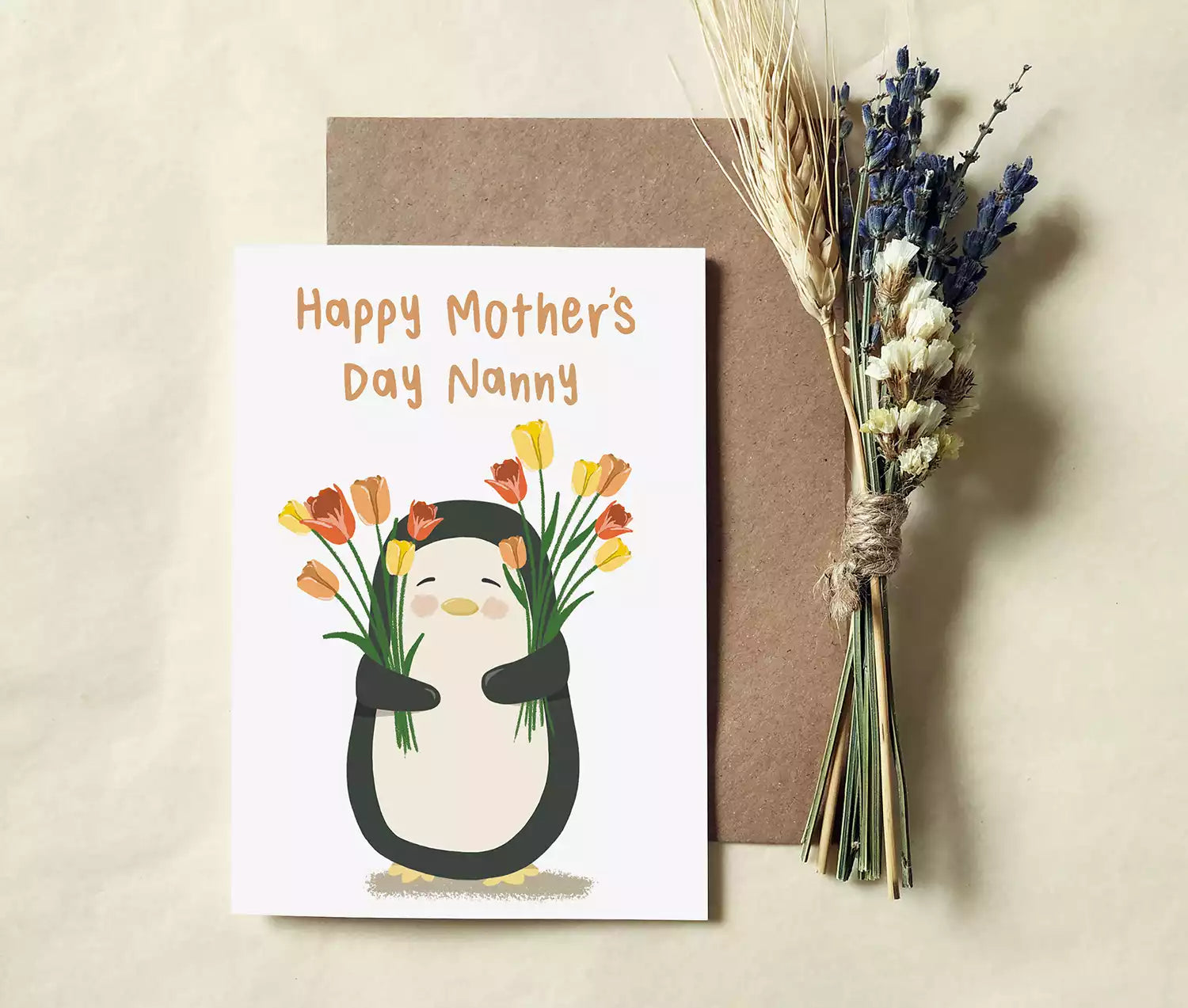 penguin holding daffodils and text 'happy mother's day Nanny'