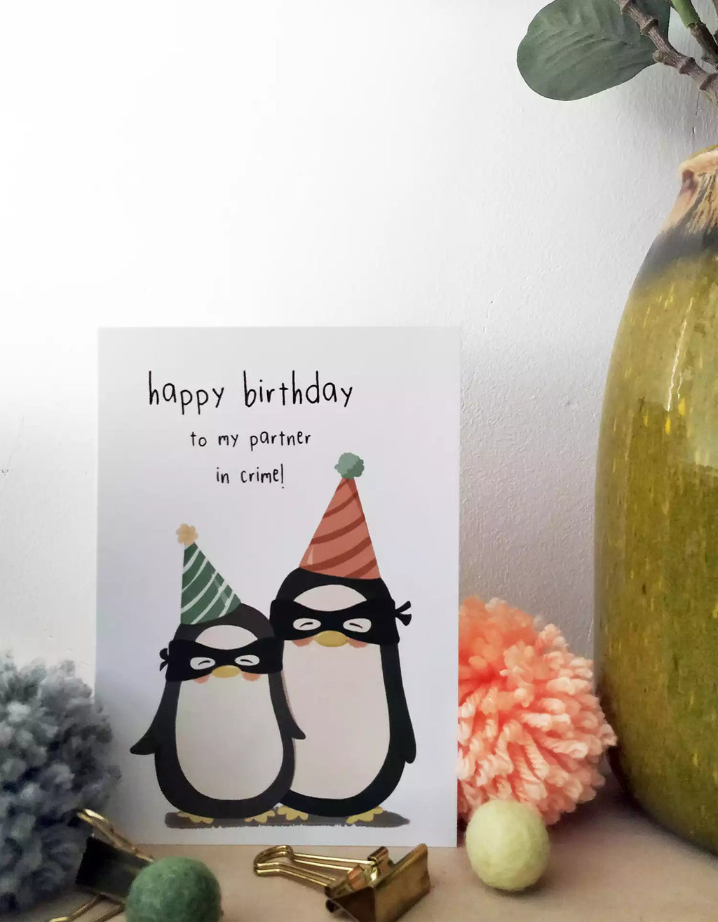personalised birthday card to your partner in crime. features two penguins in burglar masks