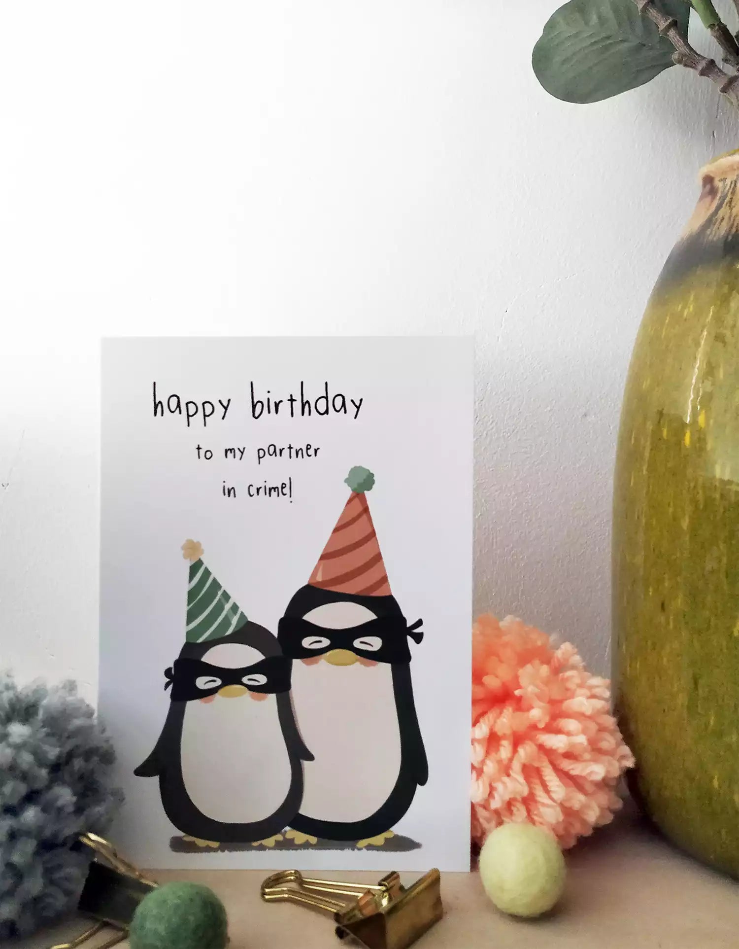 personalised birthday card to your partner in crime. features two penguins in burglar masks