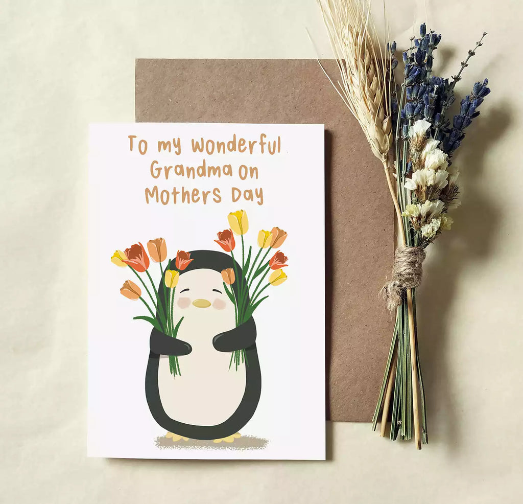 penguin holding daffodils and text 'to my wonderful grandma on mother's day'