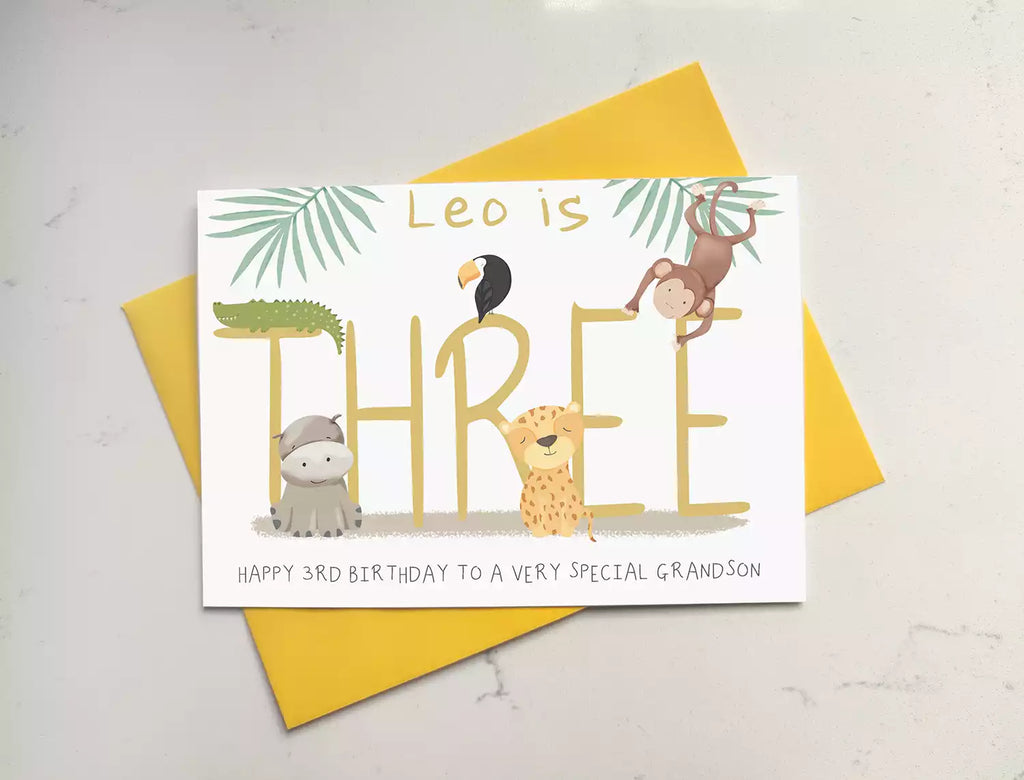 jungle themed 3rd birthday card, personalised with name and who it's from.