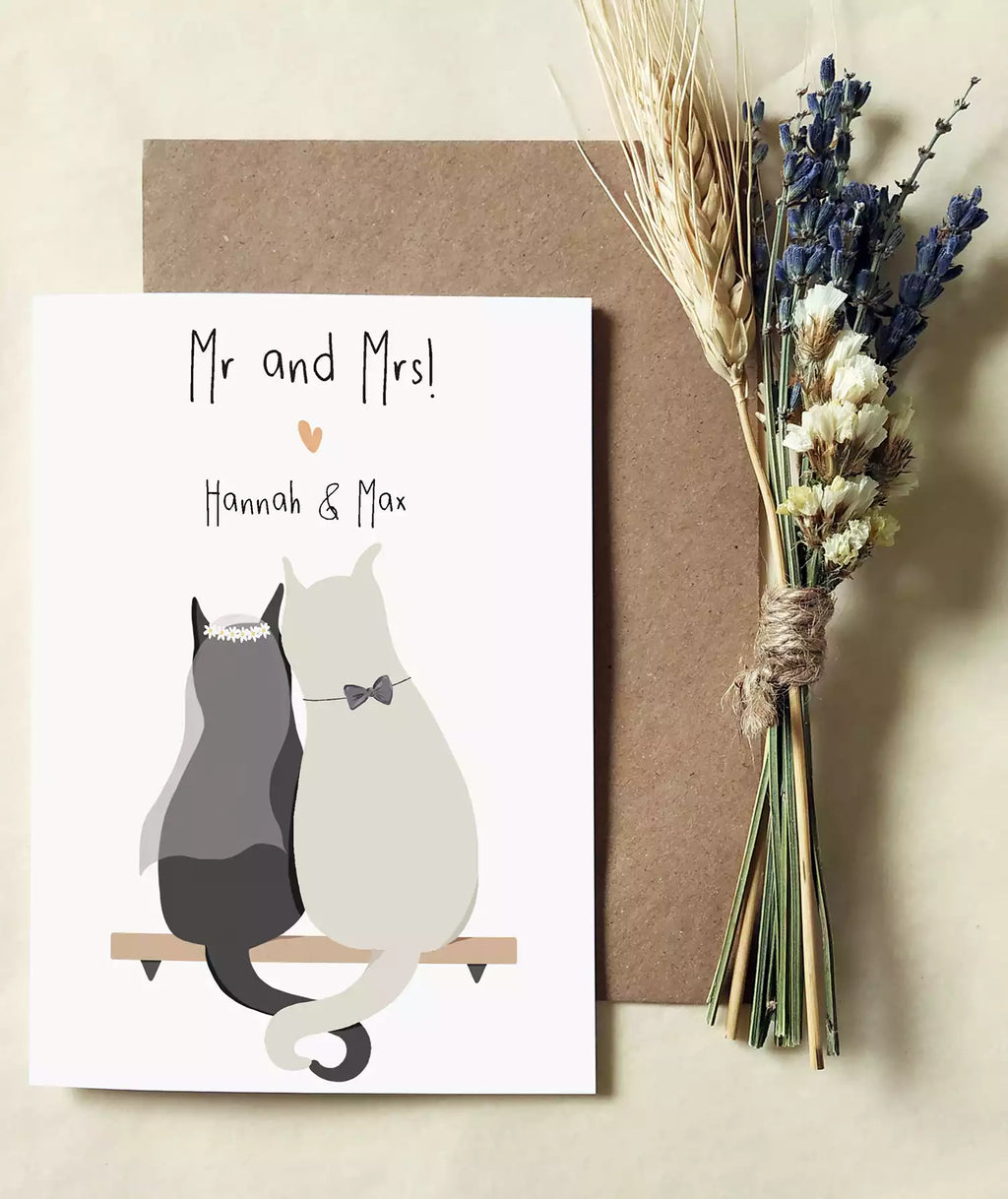 Wedding card with two cats and text 'Mr and Mrs!' Personalised with couple's names.