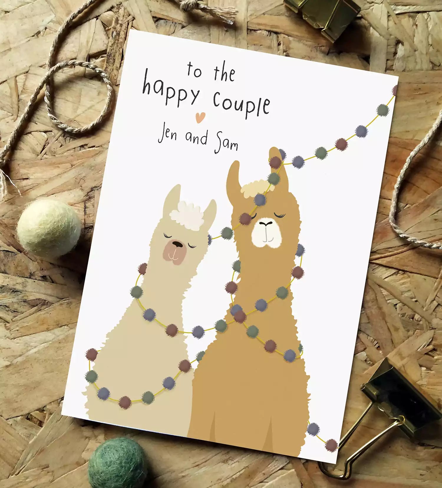 Greeting card with llamas and personalised text under 'to the happy couple'