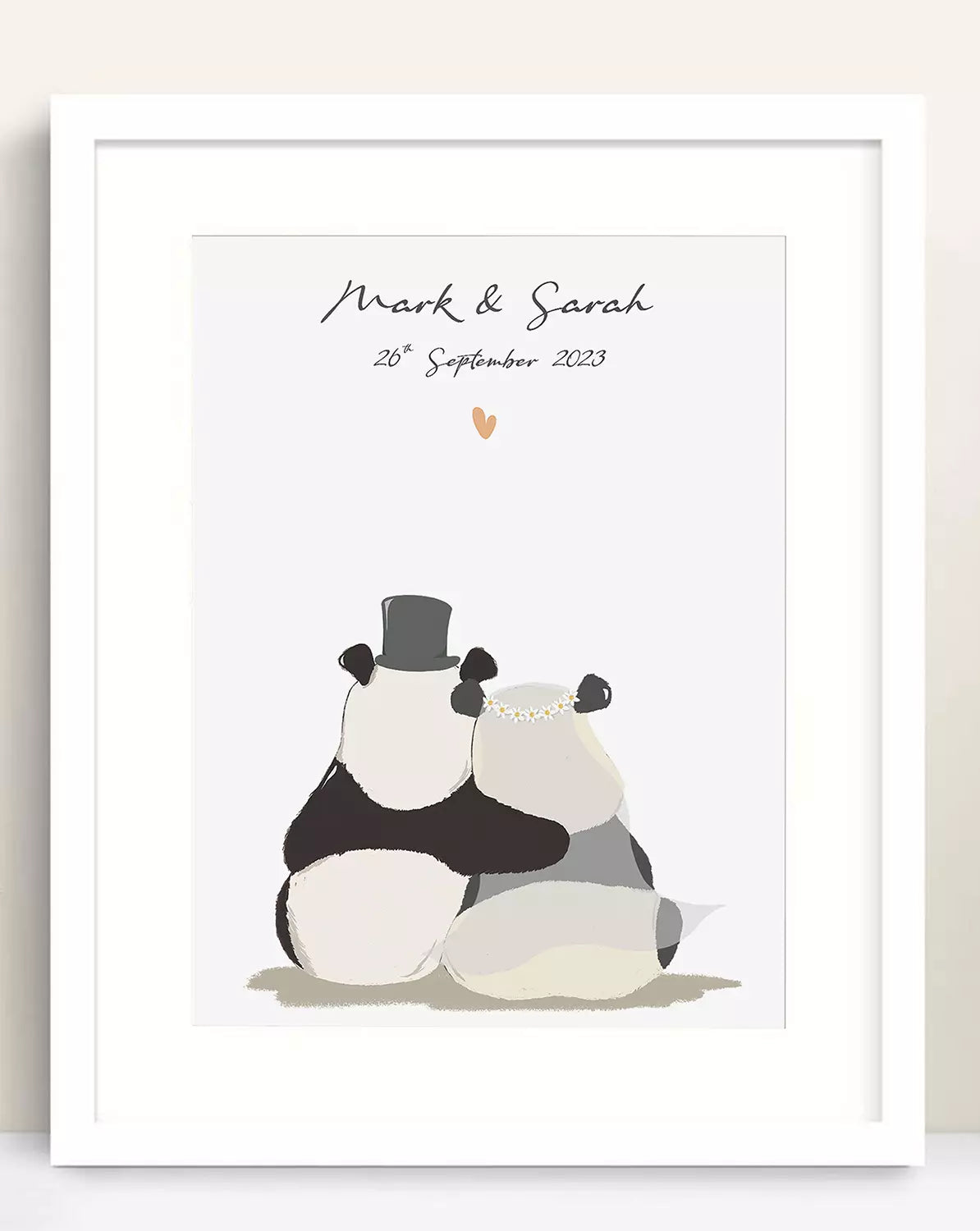 panda couple wedding print personalised with names and dates