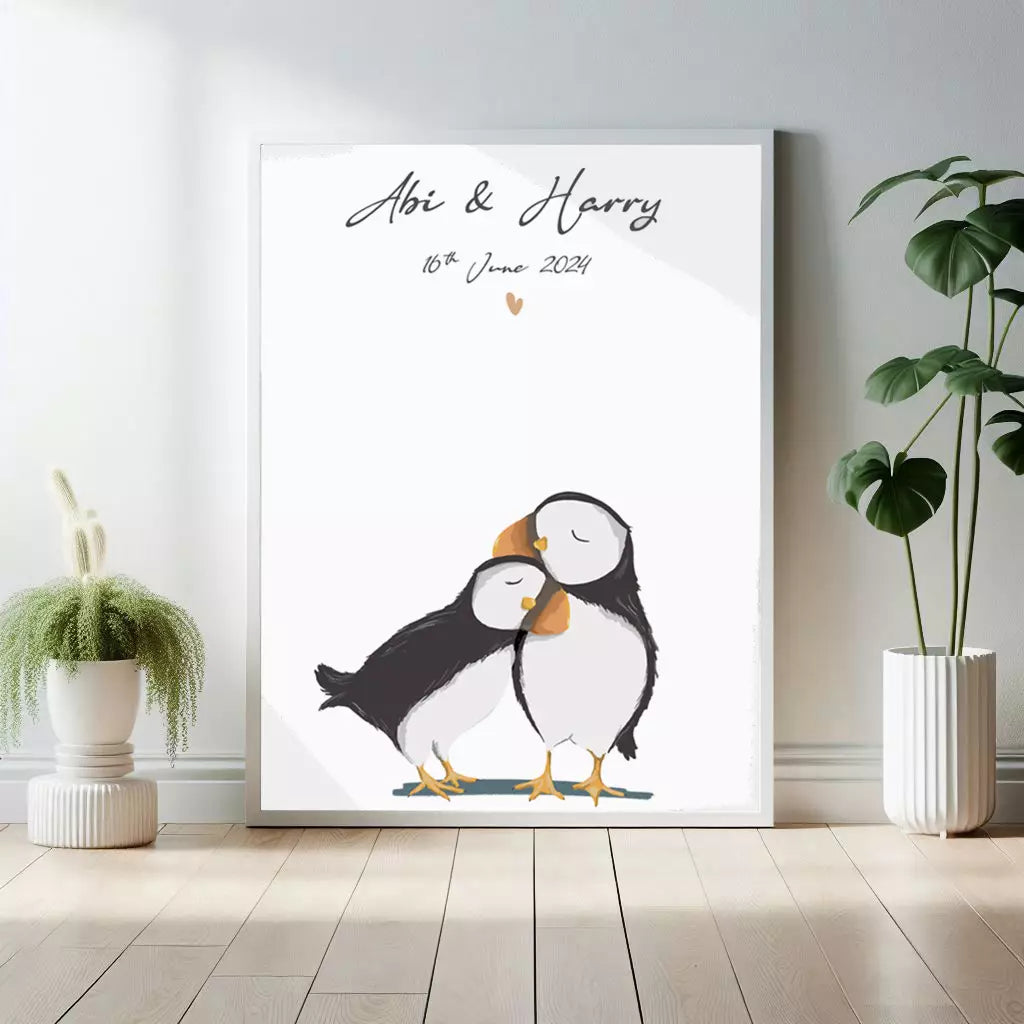 personalised puffin couple print with any text
