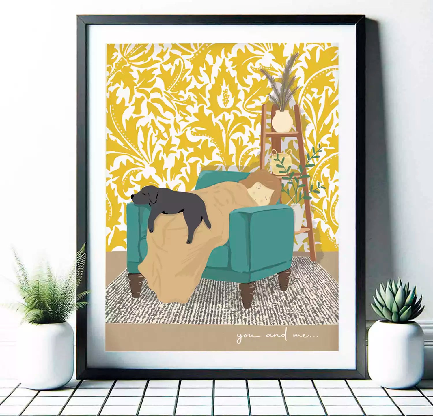 print showing dog sleeping on an armchair with their owner. pattern wallpaper background