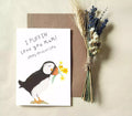 Puffin mother's day card. Features text 'I puffin love you mum!' Happy Mother's Day'