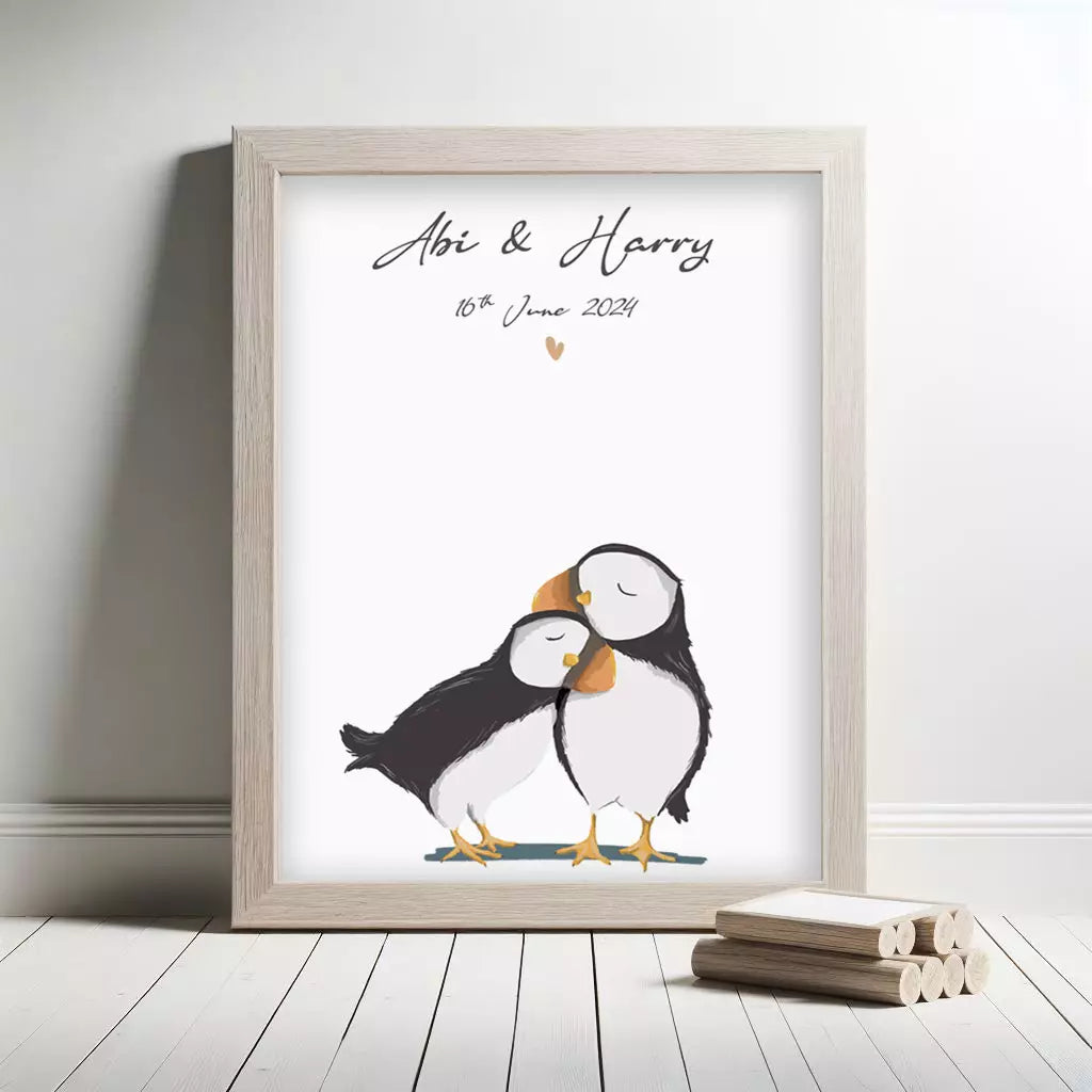 personalised puffin couple print with any text