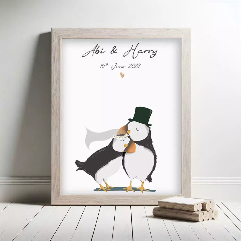 personalised puffin couple print with any text