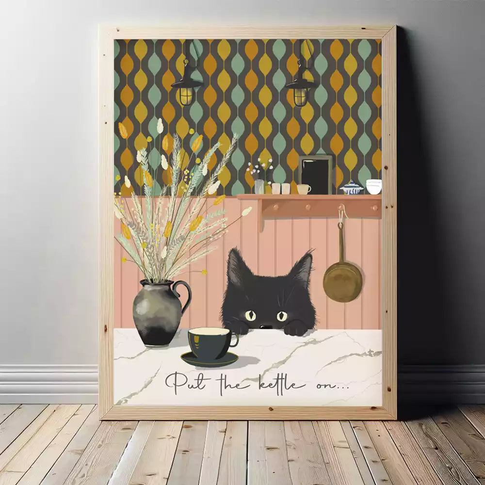 Illustrated kitchen print with black cat, teacup, and decorative elements on a patterned wall.