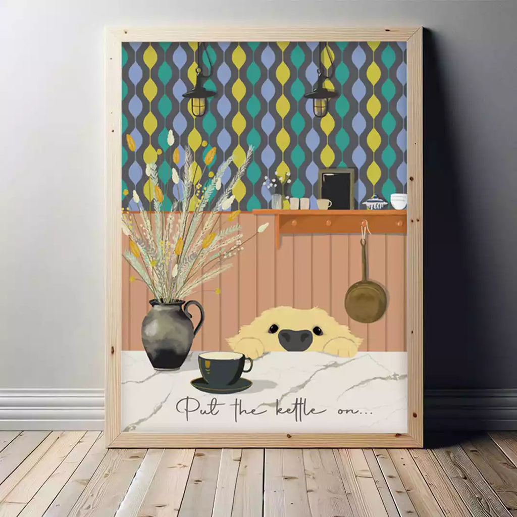 Illustrated kitchen print with a dog and text 'Put the kettle on' on a patterned wallpaper background.