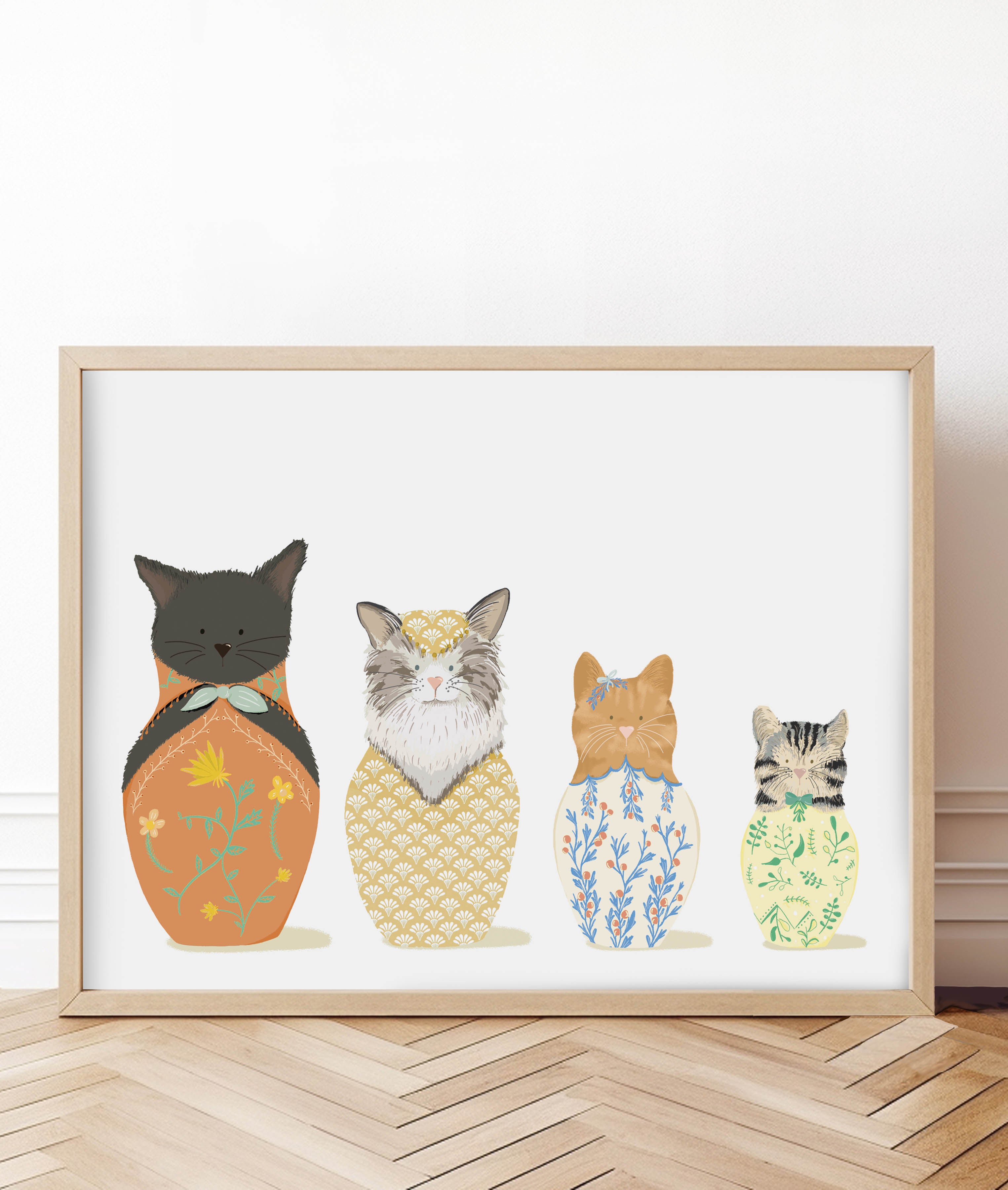 funny russian nesting dolls print, but with cats instead