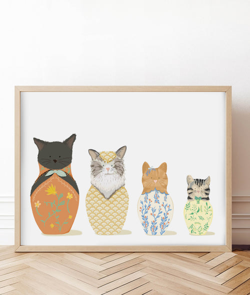 funny russian nesting dolls print, but with cats instead