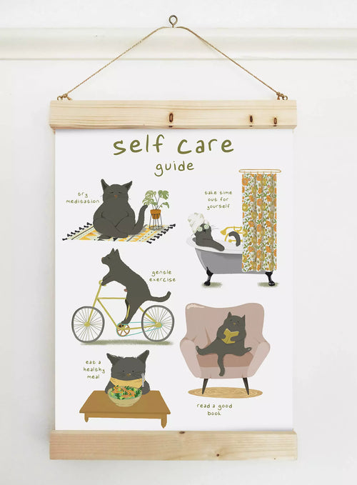 'self care guide' print with illustrations of cats in various activities like reading and meditating. 