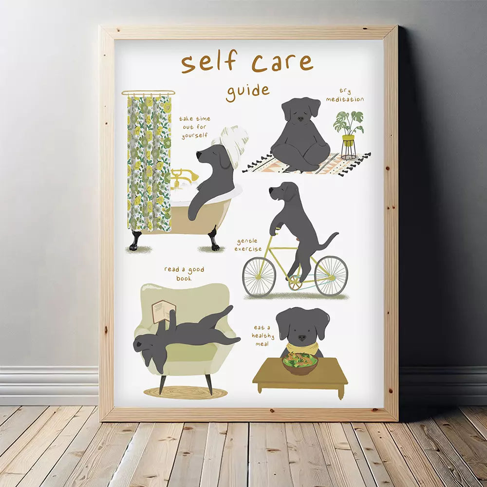 'self care guide' print with illustrations of dogs in various activities like reading and meditating. 