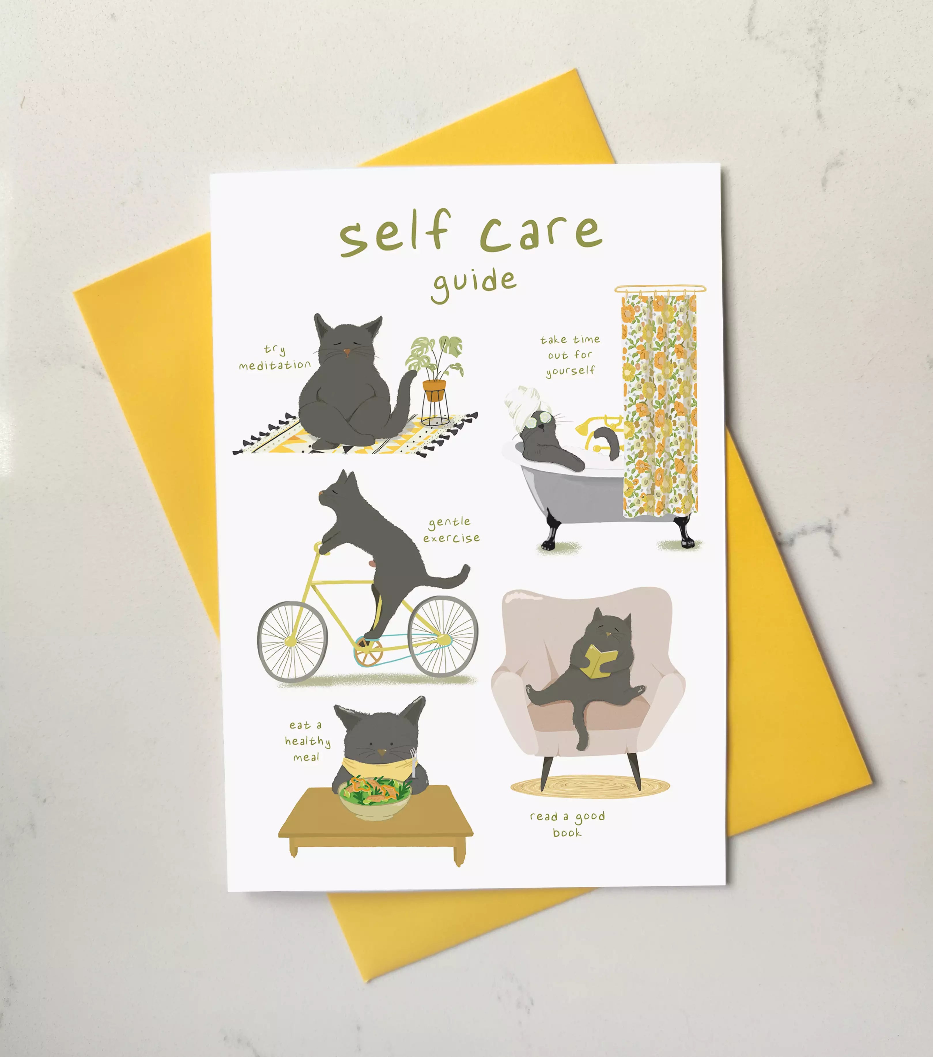 get well soon card with black cat doing self care activities