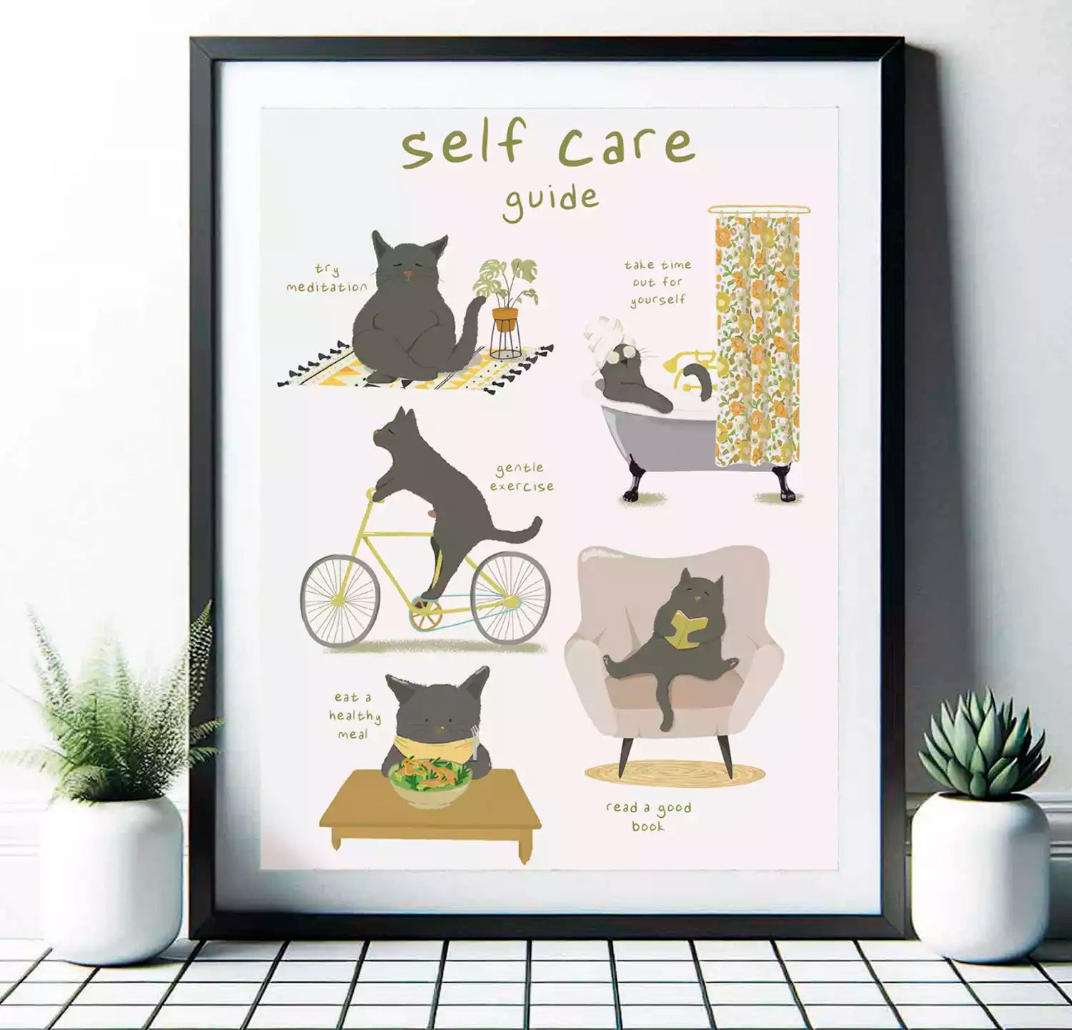 'self care guide' print with illustrations of cats in various activities like reading and meditating. 