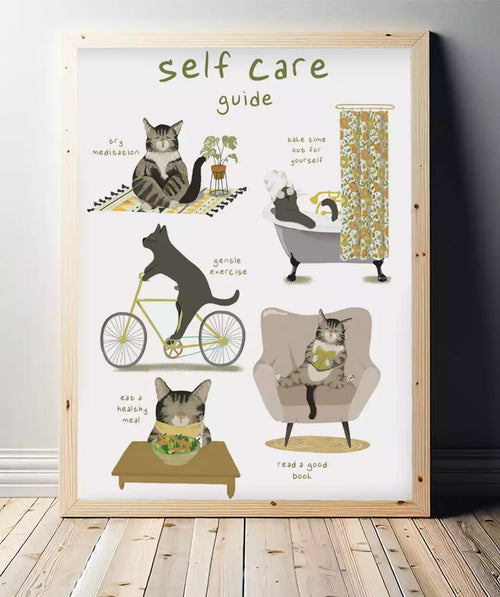 'self care guide' print with illustrations of cats in various activities like reading and meditating. 