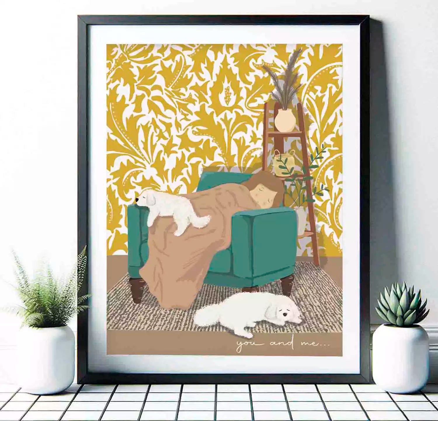 print showing dogs sleeping on an armchair with their owner. pattern wallpaper background
