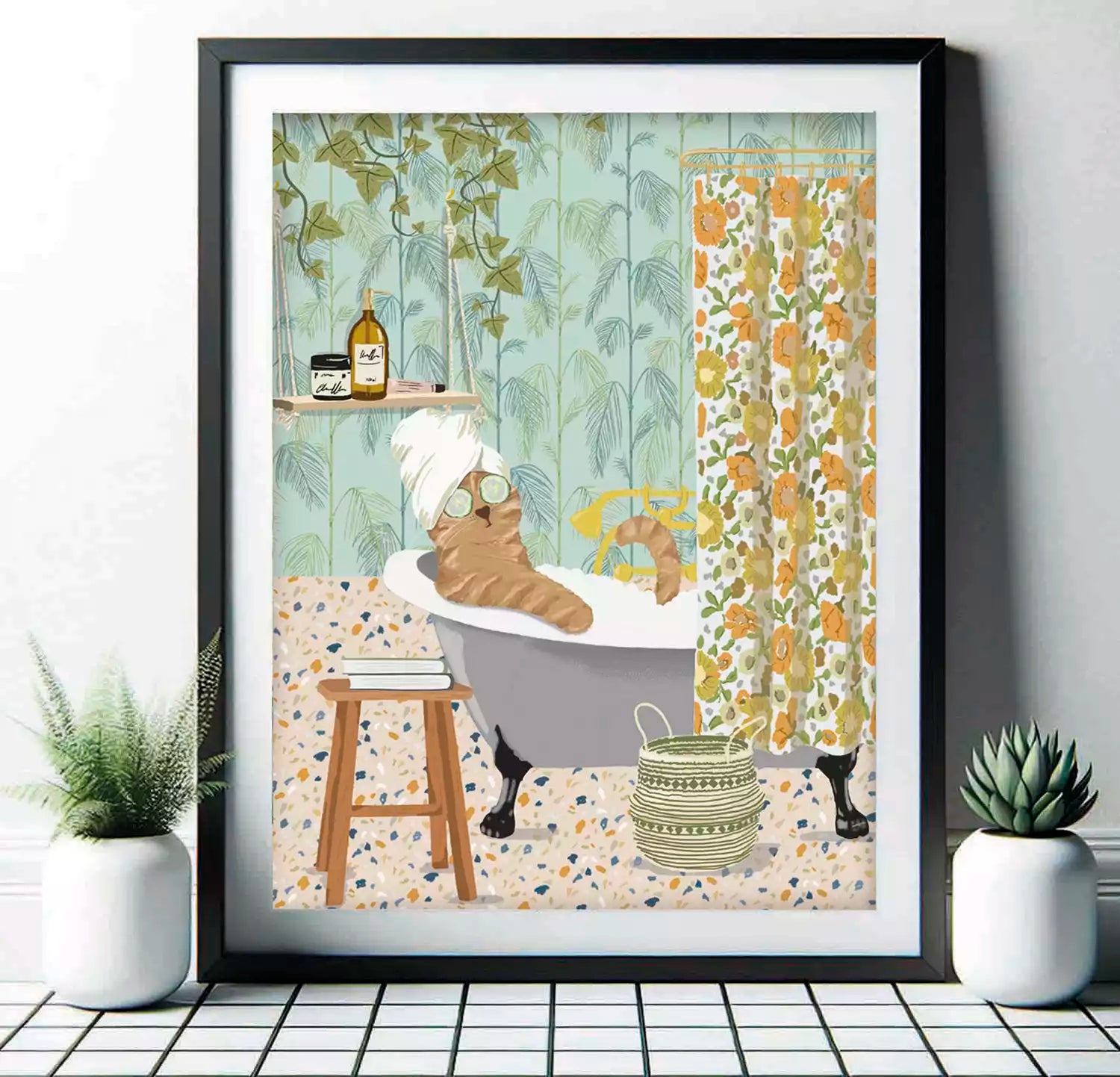 cat in the bath print with patterned background