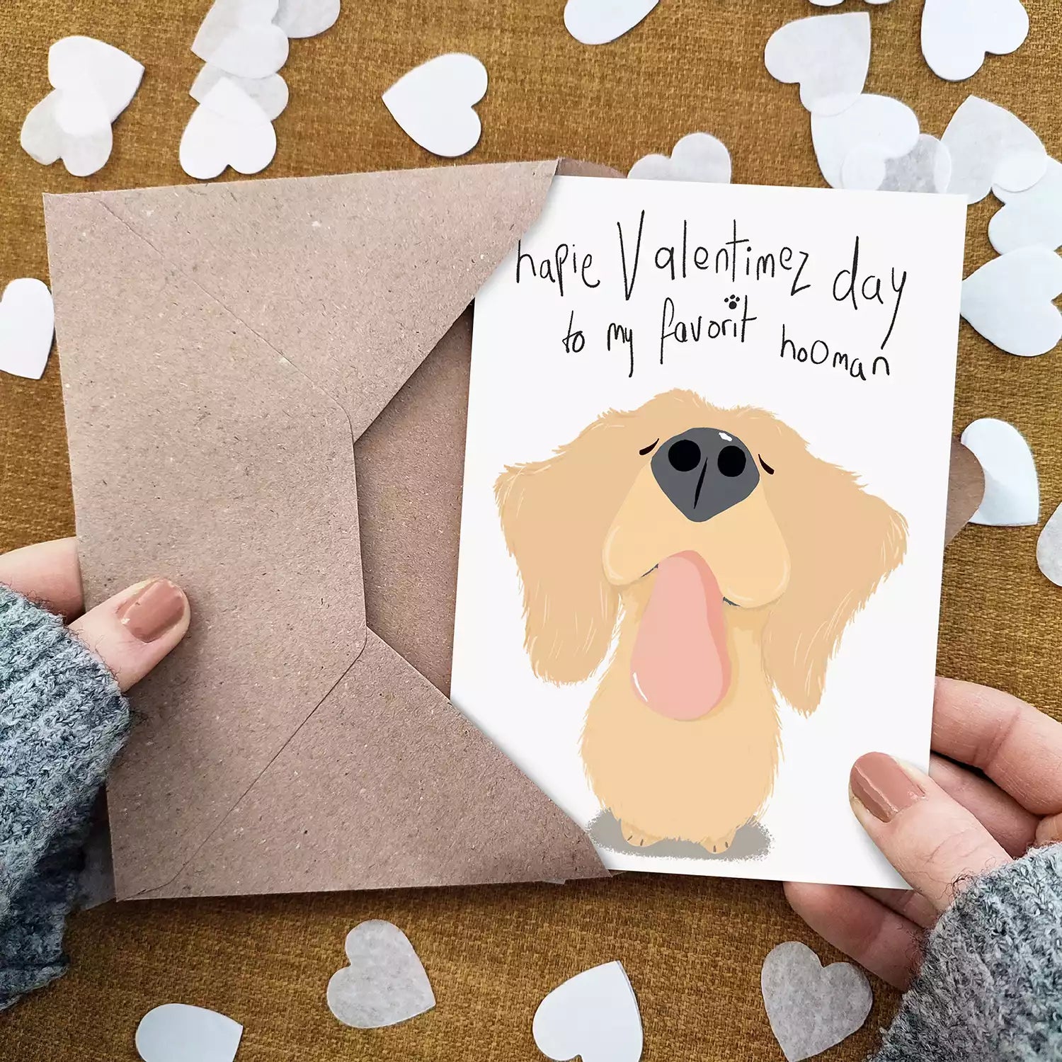valentines day card from the dog with handwritten message and funny golden retriever