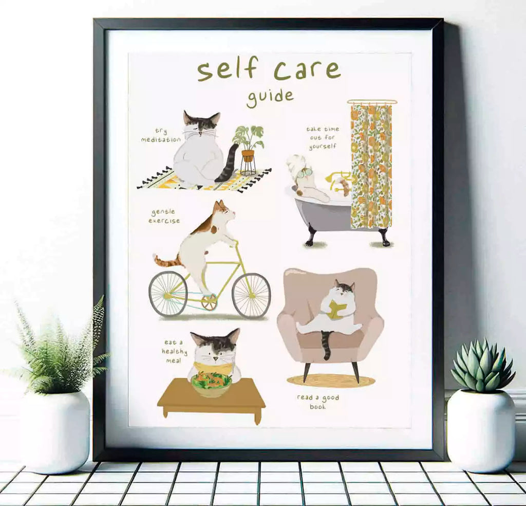 Custom Cat Self Care Guide Print - Pet Portrait - Welling Art