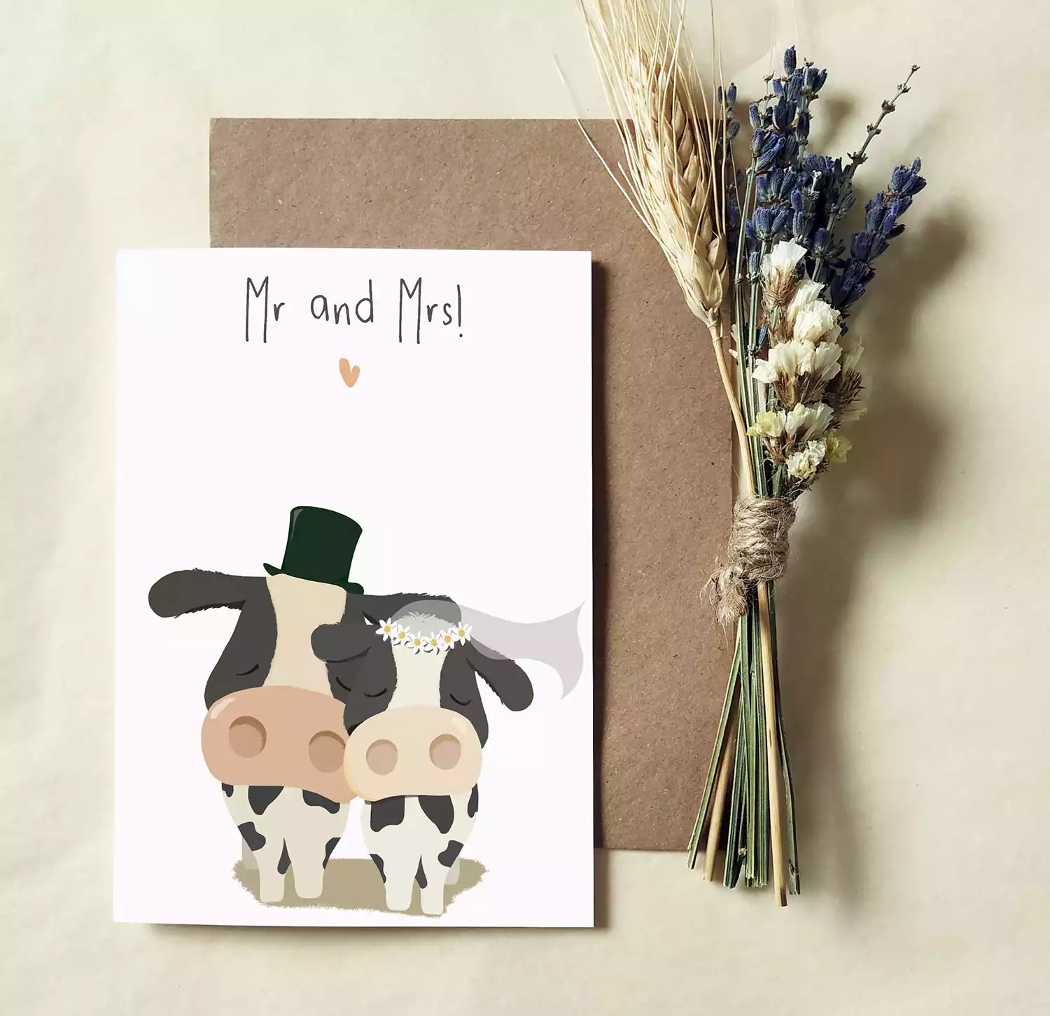 cow couple wedding card, text reads 'mr and mrs!' and personalised with couple's names