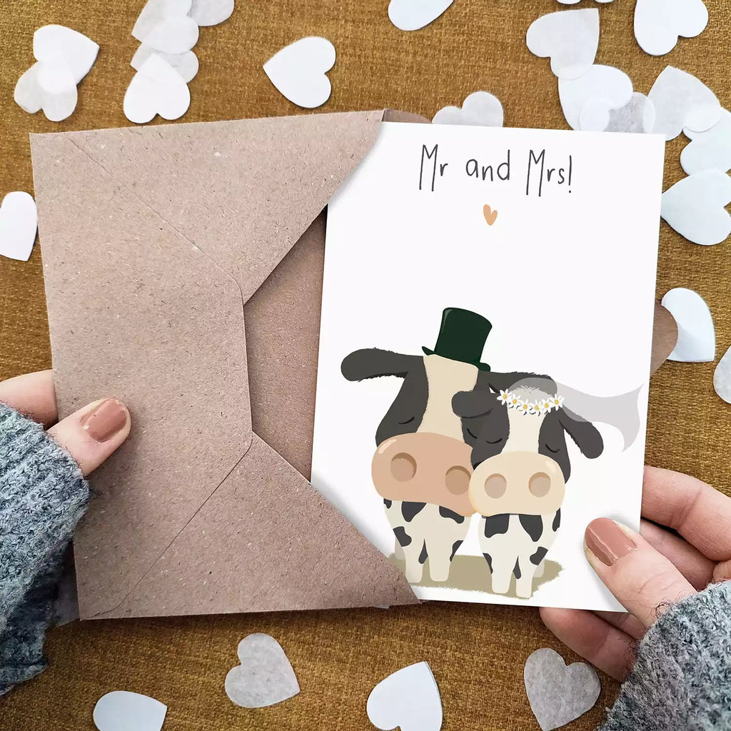 cow couple wedding card, text reads 'mr and mrs!' and personalised with couple's names