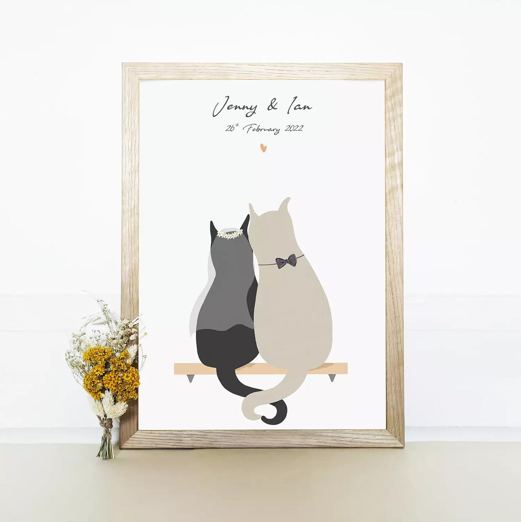 custom cat print for weddings and anniversaries. features two custom cats and text