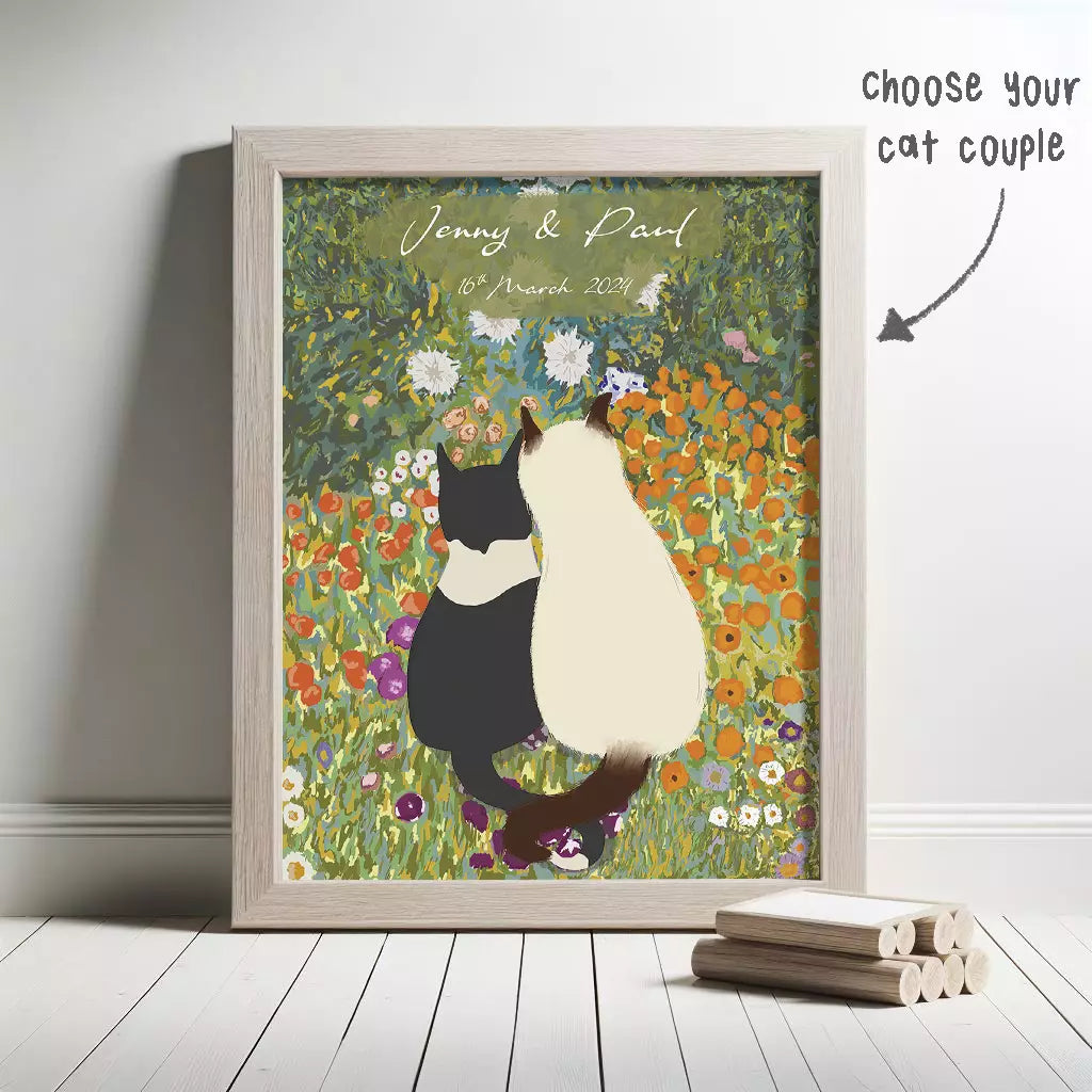 custom cat couple print with a floral background. Text includes name and date of couple's wedding