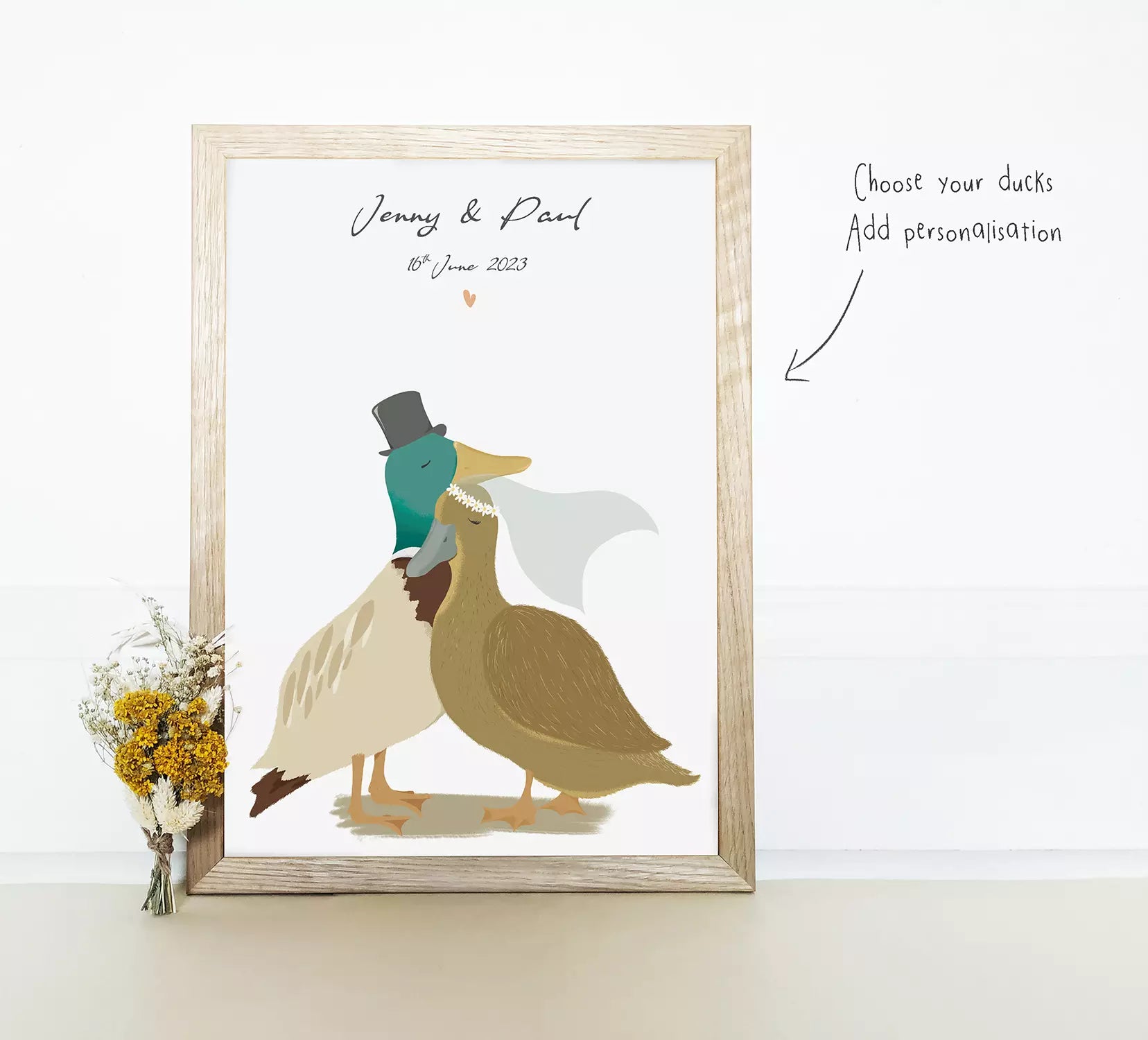 ducks couple wedding print personalised with names and dates