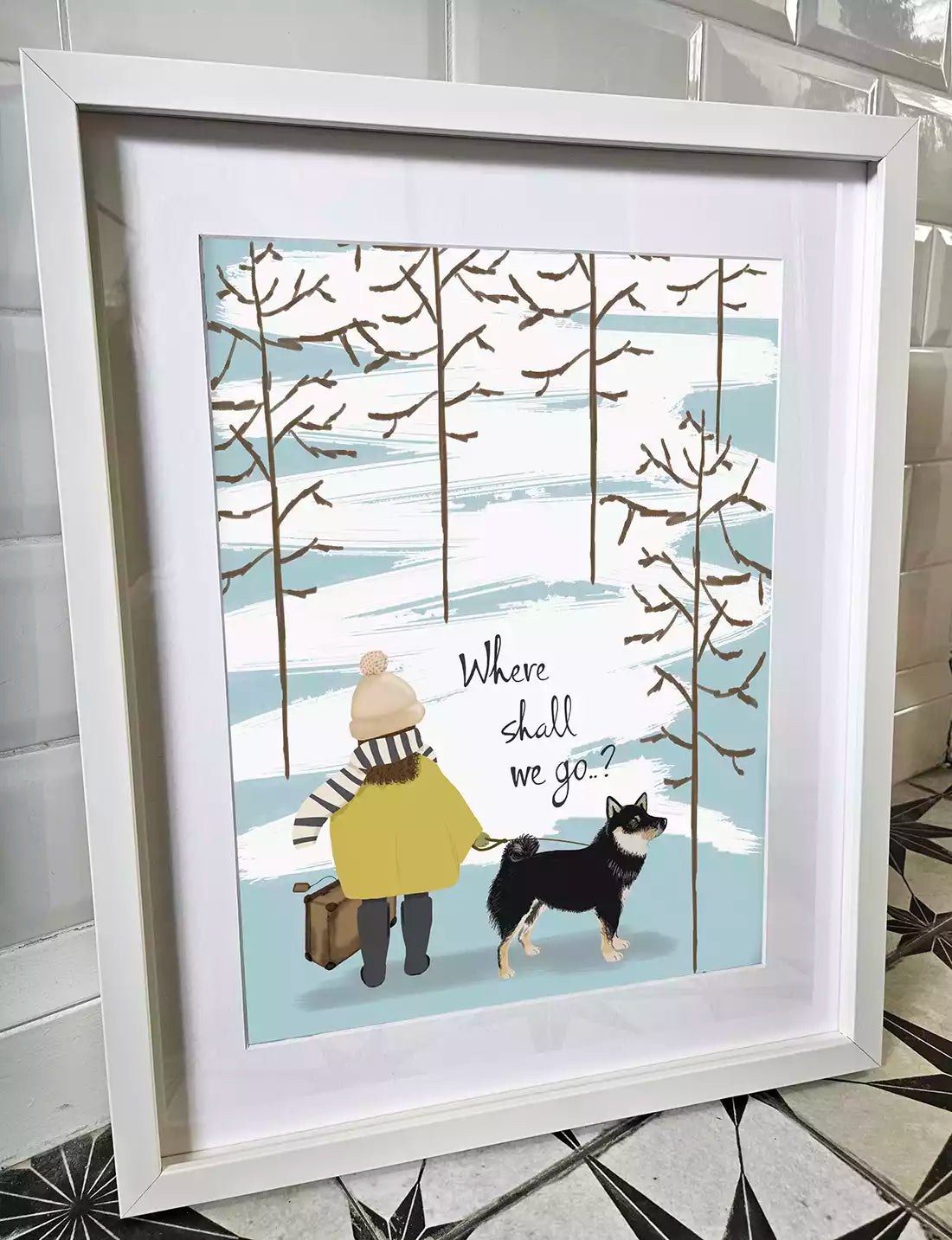 Winter scene print, with dog and owner. Text reads 'Where shall we go..?'