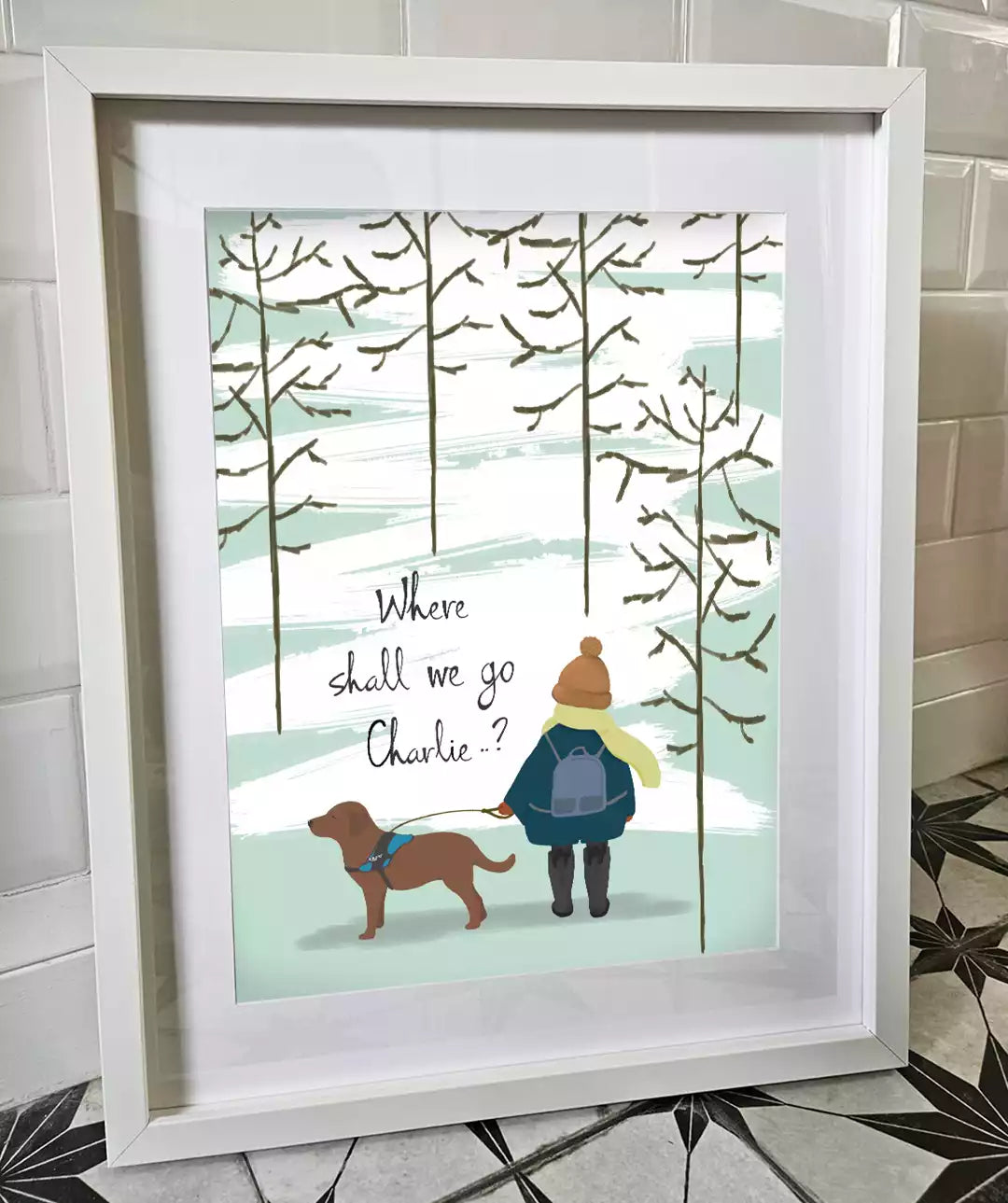 Winter scene print, with dog and owner. Text reads 'Where shall we go..?'